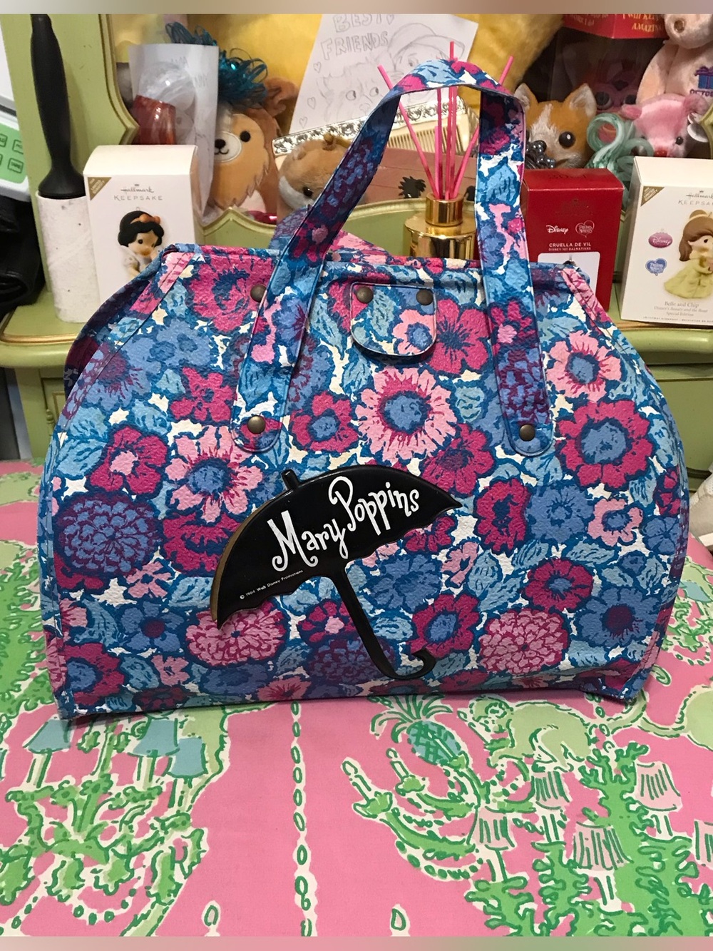 Vintage 1964 Disney Mary Poppins pink and blue floral carpet bag